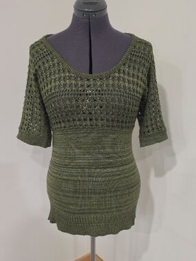 Studio Y Olive Green Openwork Scoop Neck Knit Top